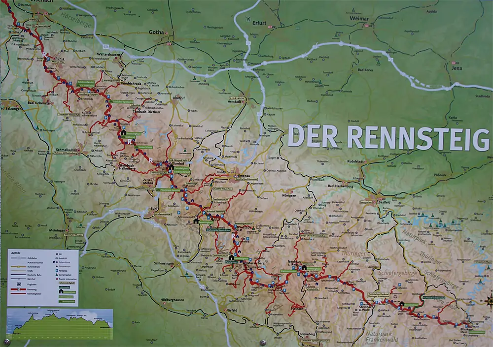 Verlauf vom Rennsteig auf einer Karte